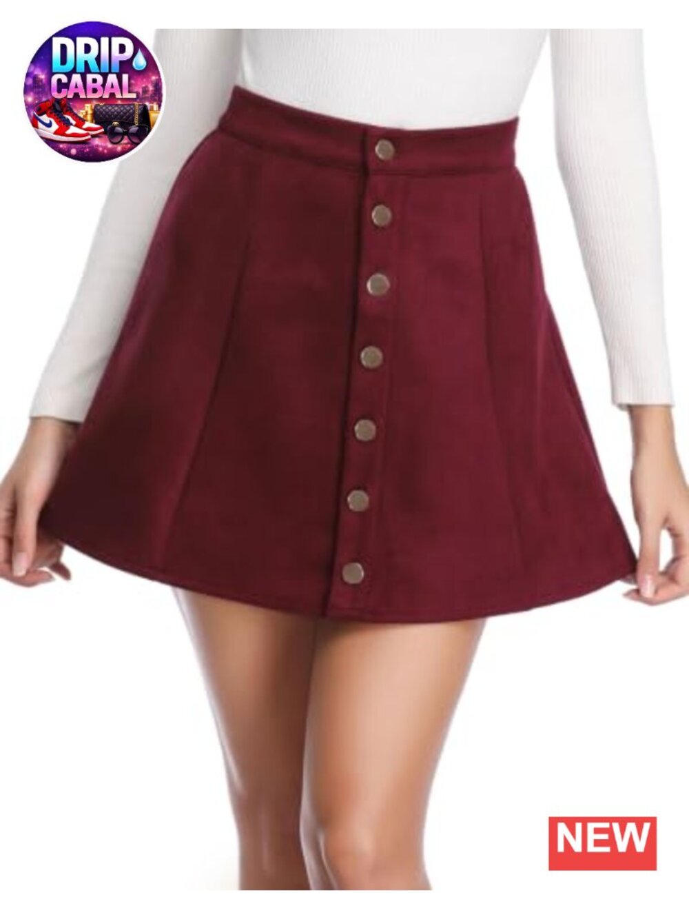 Faux Suede Mini Skirt High Waist A-Line Flare Button Front